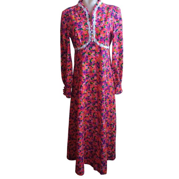 sz 8 1OF1 Vintage Floral Maxi Dress Lace Trim Peasant Boho Prairie Handmade Pink - Picture 1 of 9